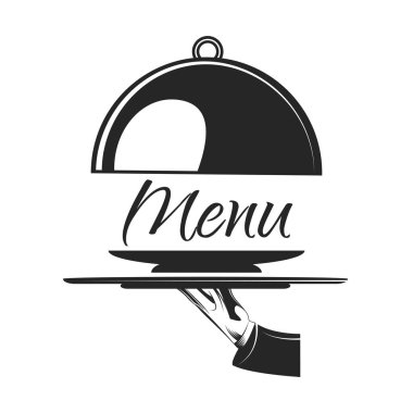 Yemek servis tepsisi. Gümüş tepsi içinde el garson. Vektör çizim. Menü etiketinin