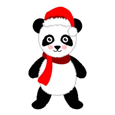 Çizgi film panda giyen Noel Baba şapkası. Vektör çizim. İzole