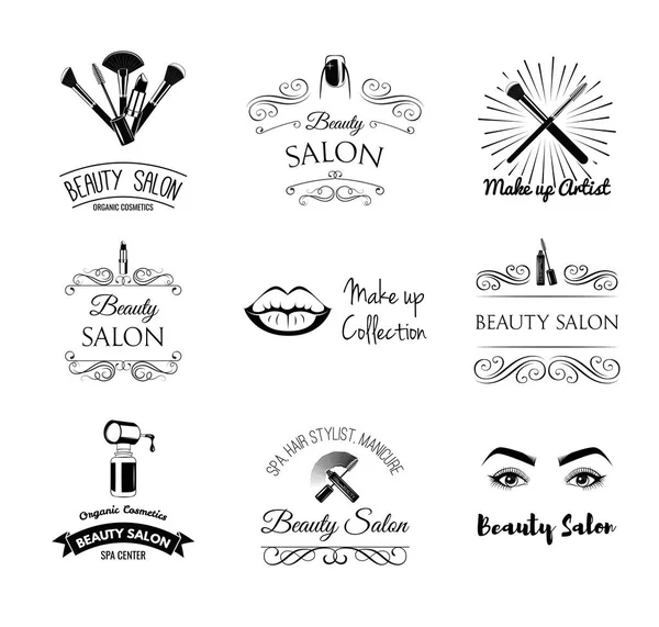 Beauty salon Set of Labels and Badges. Lips, Lipstick, Mascara , Eyelashes, Eye Brows, Nails, Manicure, Makeup, Vector Illustration. MakeUp Artist Shop — Stock Vector