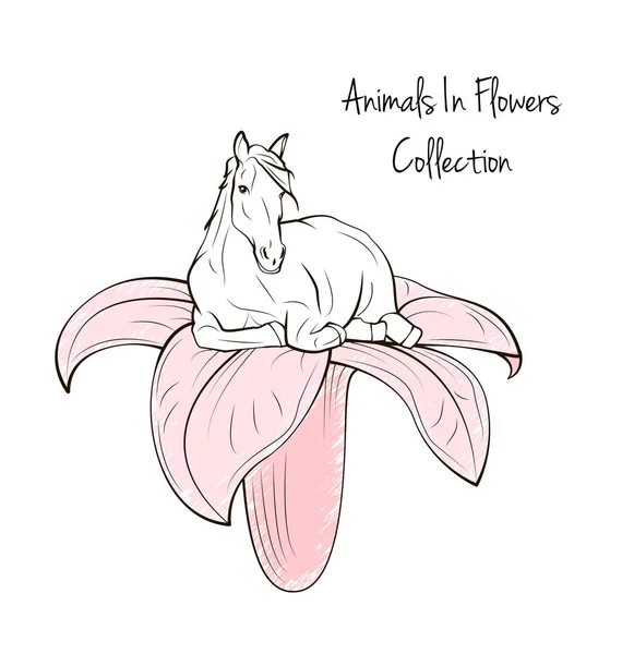 Animals In Flower Collection. Horse with flower. on white background vector illustration