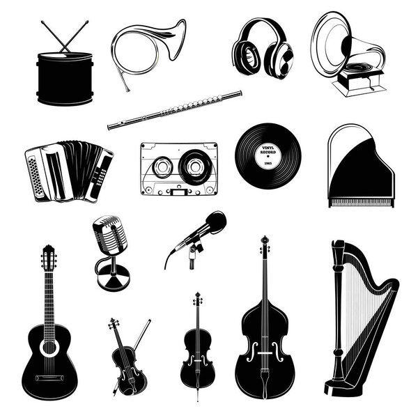 Musical Instrument. Design Elements Set. Horn, Headphone, Accordion, Music Cassette, Vinyl Record, Gramophone, Violin, Harp, Microphone, Flute.