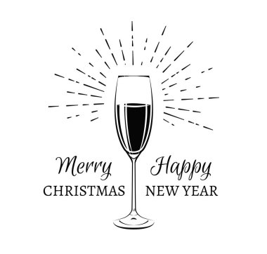 Şampanya kadehi. Mutlu yeni yıl kartı. Vektör çizim.