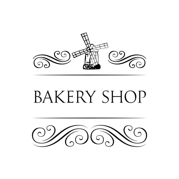 Ancient mill symbol for bakery label. Windmill Bakery Shop. vintage label with chocolate cupcake. filigree ornate frame.