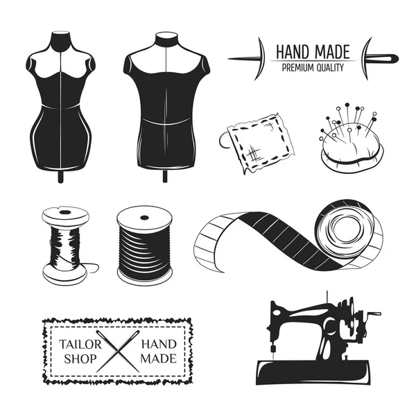 Set of vintage tailor labels, emblems and designed elements. Tailor shop theme — Stock Vector