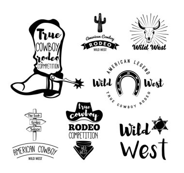 Vintage tarzı kovboy etiket vektör ayarlayın. Vahşi Batı, Şerif, Amerikan rodeo. Tasarım öğeleri, simgeler, logo, amblem ve beyaz izole rozetleri