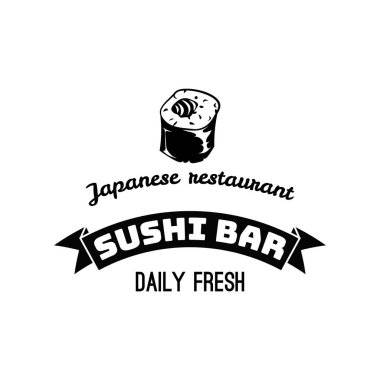 Suşi Dükkanı etiketi şablonu. Japon yemekleri. Rulo siluet, deniz ürünleri Restoran rozeti. Vektör çizim üzerinde beyaz izole
