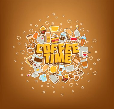 Kahve Saati - Doodle öğeleri Poster. İnce çizgi simgeler.