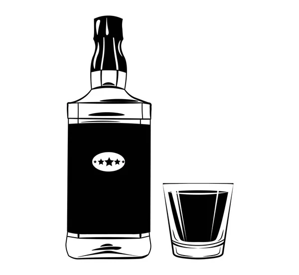 Whiskey Glas und Flasche. handgezeichnete Vintage Vektor Illustration isoliert auf Weiß — Stockvektor