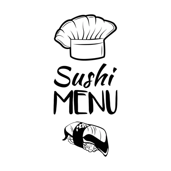 A lazac tekercs. Sushi menü. Séf kalapját japán konyhát kínál. Vektoros illusztráció. Elszigetelt fehér — Stock Vector