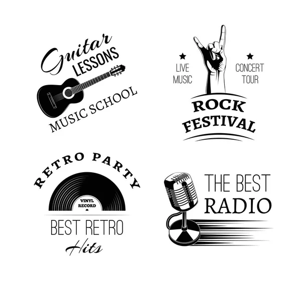Müzik vintage retro etiket ve rozeti. Gitar, keman, ARP, gramofon, mikrofon, rock, davul ve sopaları el.