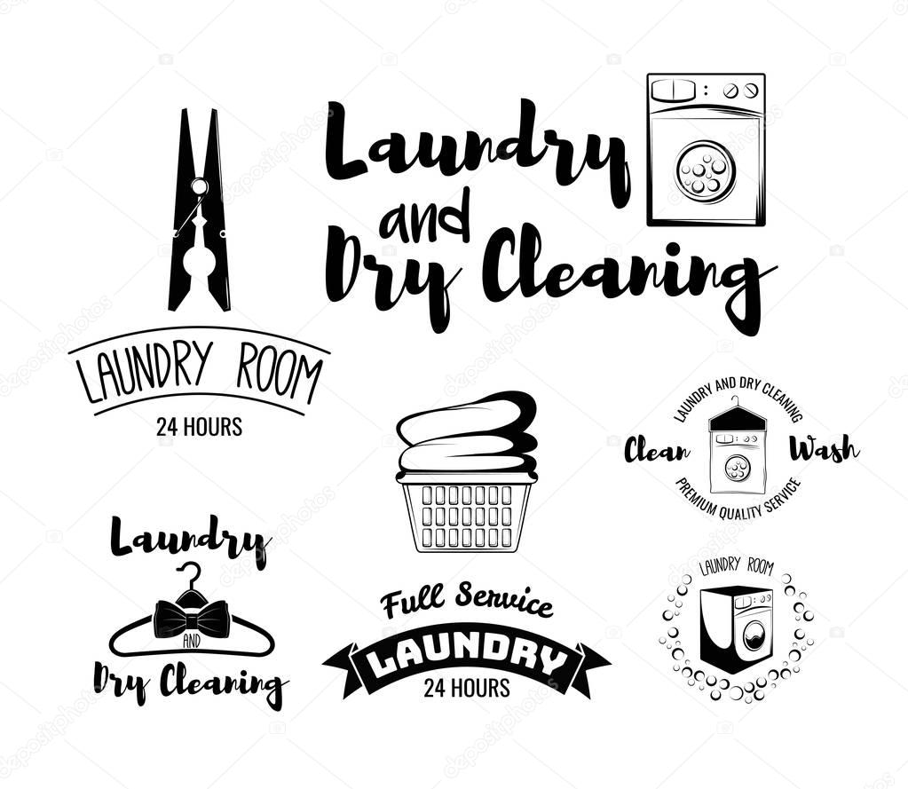Laundry room and dry cleaning service, ironing service set of vector black emblems, labels, badges and design elements isolated on white background. Logos templates with washing machine
