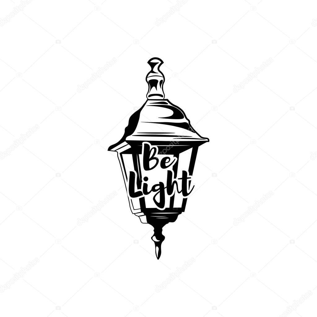 Vintage kerosene lamp. Retro lantern. Be light. Vector illustration isolated on white