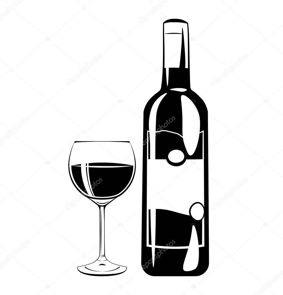 Wine bottle and glass. Vector illustration isolated on white
