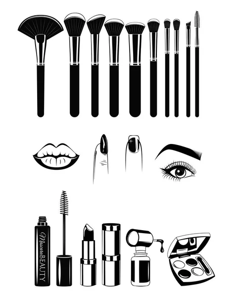 Makeupartist Brushs och verktyg. Läppar, naglar och ögon. Vektor illustration element set isolerad på vit — Stock vektor