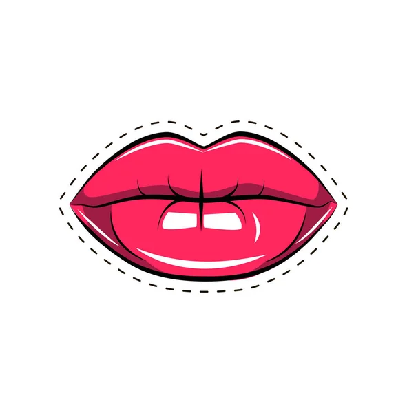Γυναικεία χείλη. Στόμα με ένα φιλί, χαμόγελο, τη γλώσσα, τα δόντια. Κωμικό εικονογράφηση φορέα σε pop art στυλ ρετρό απομονωθεί σε λευκό — Διανυσματικό Αρχείο