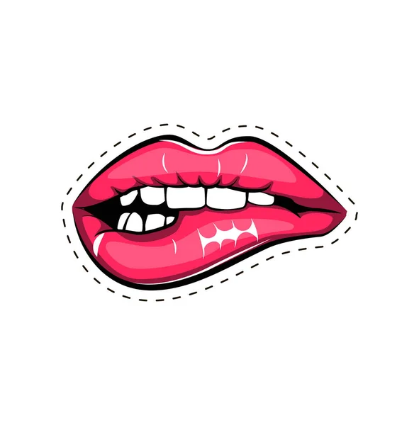 Kobiece usta. Usta pocałunkiem, uśmiech, języka, zębów. Wektor ilustracja komiks w stylu retro pop-art na białym tle — Wektor stockowy
