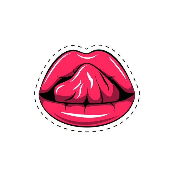 Lábios cor-de-rosa língua pop arte elemento cartaz retro. Ilustração vetorial isolada sobre branco —  Vetores de Stock
