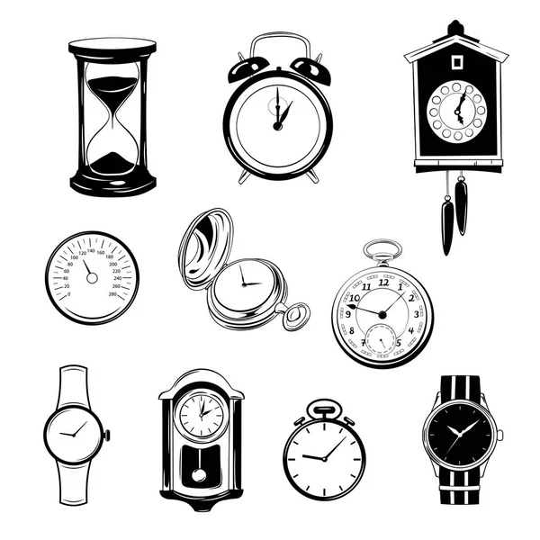 Uhr und Uhrensammlung schwarz-weiß. isolierte Gestaltungselemente gesetzt. — Stockvektor