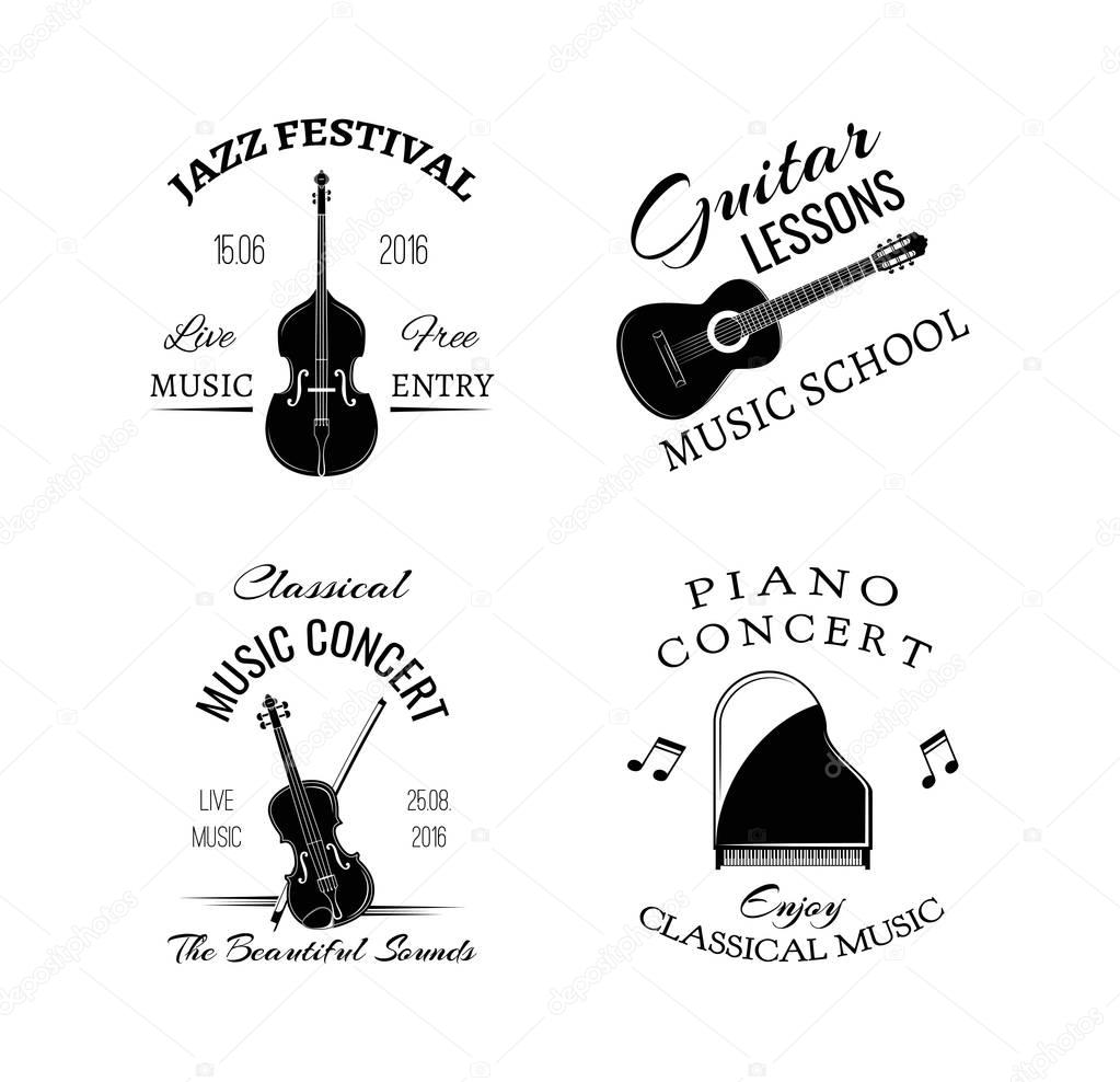 Music vintage retro label and badge. Guitar, Piano. Jazz festival. Double bass. Vector Illustration