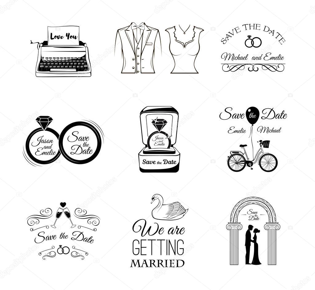 Set of wedding invitation vintage design elements, badges and labels.