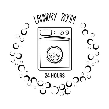 Çamaşır makinesi. Çamaşırhane ve Kuru Temizleme Oda etiket ve rozeti. Beyaz izole