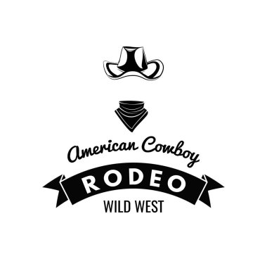 Kovboy şapkası. Vahşi Batı etiket. Rodeo Yarışması rozeti. Batı illüstrasyon. Beyaz izole vektör