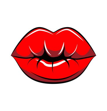 Pop art dudaklar izole. Warhol stil poster. Vektör. Siyah çizgi, beyaz nokta deseni, mavi arka plan, kırmızı renk, raster efekti. Moda illüstrasyon. Elle çizilmiş. Çizgi roman hikaye. Marka için afiş,