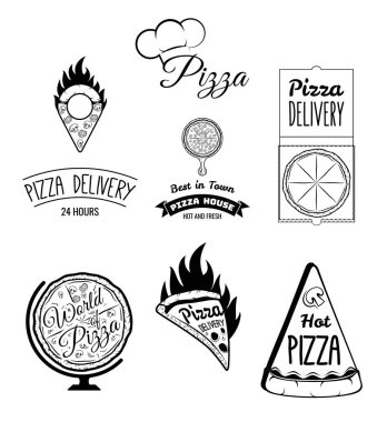 Pizza teslimatı. Yemek ve servis. Tipografik rozetleri tasarım öğeleri, tasarımcıları araç kümesi.