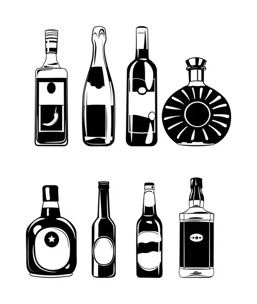 Conjunto vectorial de botellas para alcohol. Ilustración aislada en blanco — Vector de stock