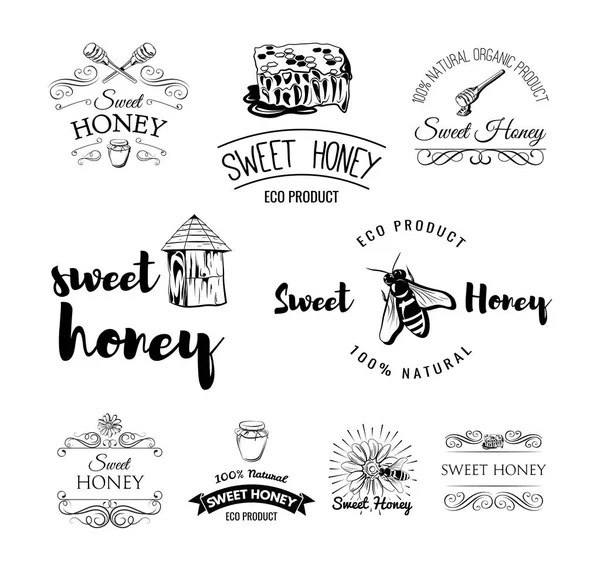 Beehive. Spoon of Honey. Flower. Honeycomb. A bee and a jar of Honey. Labels, logo and Badges Set. Vintage Illustration Vector — Stock Vector