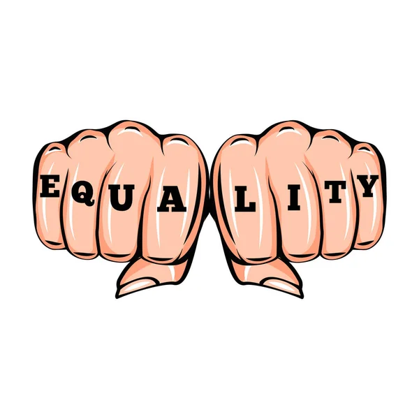 平等のタトゥー。女性の拳でフェミニズムのポスター。白で隔離のベクトル図 — ストックベクタ