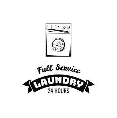 Çamaşır makinesi. Çamaşırhane ve Kuru Temizleme Oda etiket ve rozeti. Beyaz izole