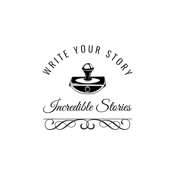 Írjuk meg a történetet. Vintage író címke. Régi papírnehezék, fehér — Stock Vector