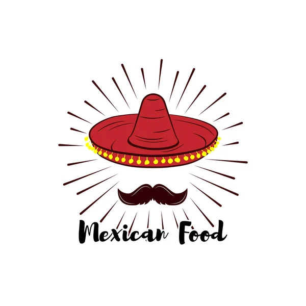 Sombrero és bajusz. Mexikói ételek jelvényt. Vektoros illusztráció elszigetelt fehér — Stock Vector