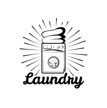 Çamaşır makinesi. Çamaşırhane ve Kuru Temizleme Oda etiket ve rozeti. Beyaz izole