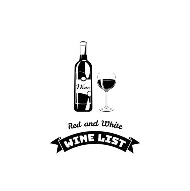 Şarap listesi. Şişe ve cam. Rozetleri ve etiket alkol simgesi.