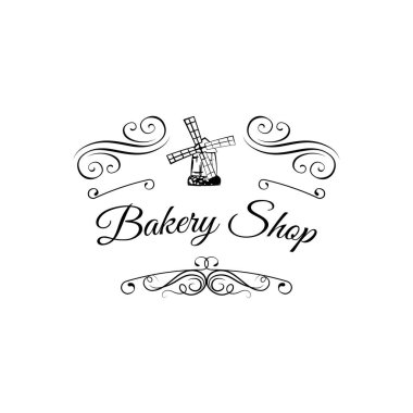 Eski değirmen Pastane etiket simgesi. Yel değirmeni Pastane Dükkanı. Telkari süslü çerçeve.