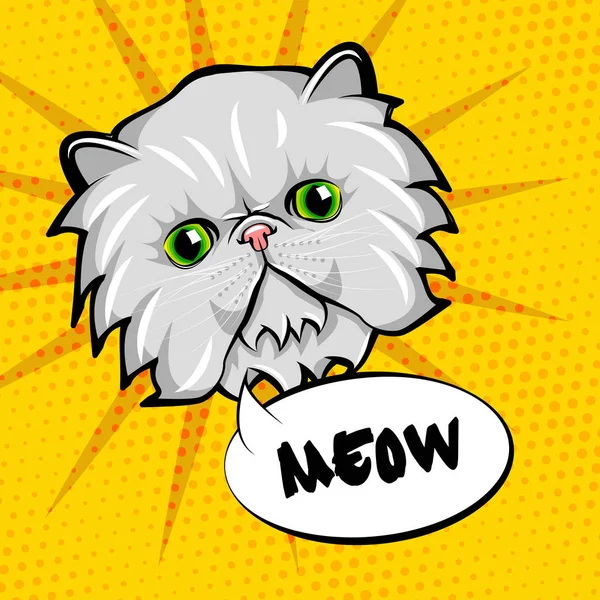 Lindo arte pop cabeza de gato. Aislado sobre fondo amarillo. Vector — Archivo Imágenes Vectoriales