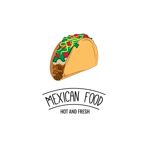 타코 전통적인 멕시코 음식입니다. 레이블 서식 파일 또는 개념입니다. 디자인 메뉴, 명함, 포스터를 사용할 수 있습니다. 벡터 일러스트 레이 션 흰색 절연 — 스톡 벡터