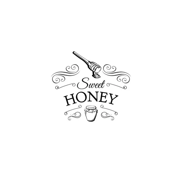 Scavatore miele in legno, disegno vettoriale in stile schizzo isolato su sfondo bianco. Etichetta miele dolce, distintivo . — Vettoriale Stock