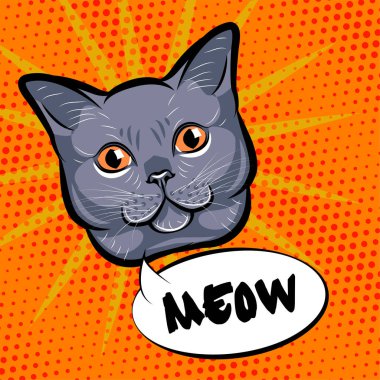 Şirin kedi baş pop art. Turuncu zemin üzerine izole. Vektör