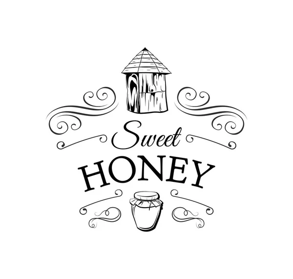 Медовий комбінат. Бджола і баночка з медом. Етикетка. Вінтажні ілюстрації Векторні ізольовані — стоковий вектор