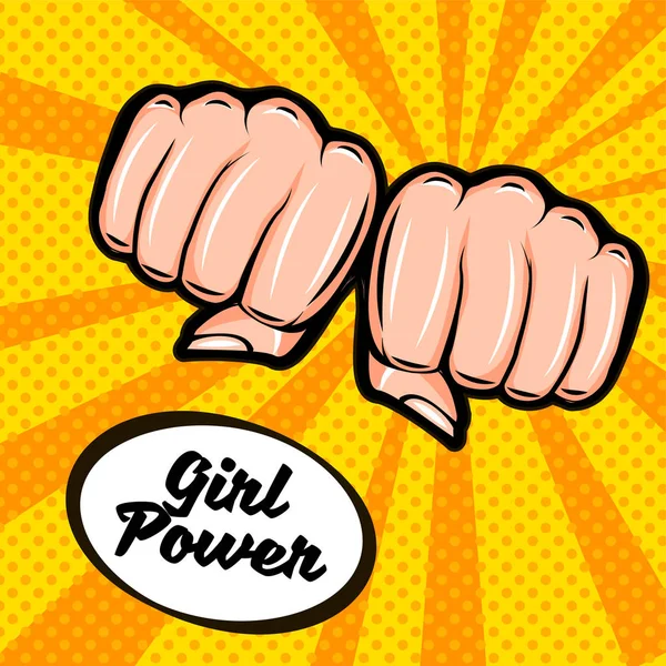 Girl power. Symbool van het feminisme. Vrouwelijke vuist, doodle kleurrijke retro poster in de stijl van popart. — Stockvector