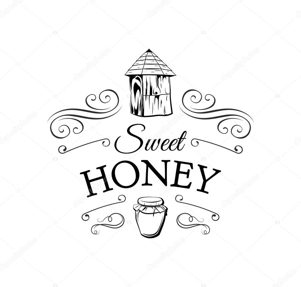 Honeycomb. A bee and a jar of Honey. Label. Vintage Illustration Vector Isolated