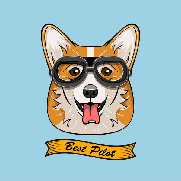 Niedliche Pilot Corgi Dog Gesicht Reisenden Retro-Fliegerbrille. Bestes Pilotenband. Vektorabbildung isoliert auf weiß — Stockvektor