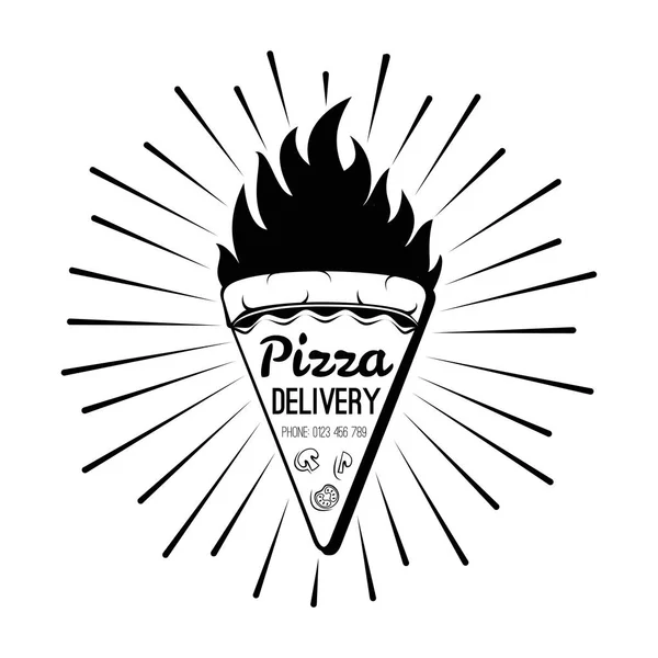 Pizza Delivery címke. Pizza szelet tűz olasz konyha vektor — Stock Vector