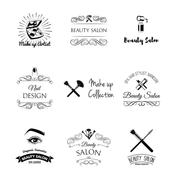 Elementos de design de salão de beleza em estilo vintage. Batom, rímel, lábios, manicure, olhos de mulheres, compõem escovas, prego e dedo. Quadro de filigrana vintage, logotipo, banner e rótulo —  Vetores de Stock