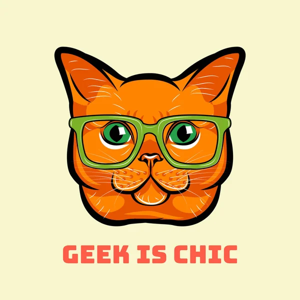 Έξυπνη κόκκινο γάτα γελοιογραφία σε ποτήρια. Geek είναι chic. Διάνυσμα. — Διανυσματικό Αρχείο