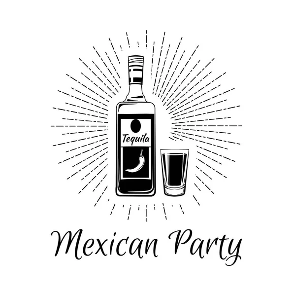 Vidrio y botella de tequila en vigas. Alcohol mexicano. Vector Vintage — Archivo Imágenes Vectoriales