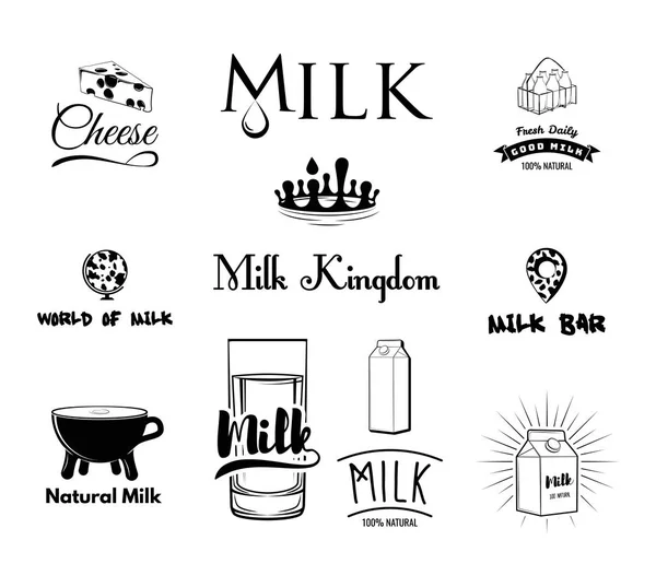 Set of milk and dairy farm product logo labels. Vintage vector. — Stock Vector